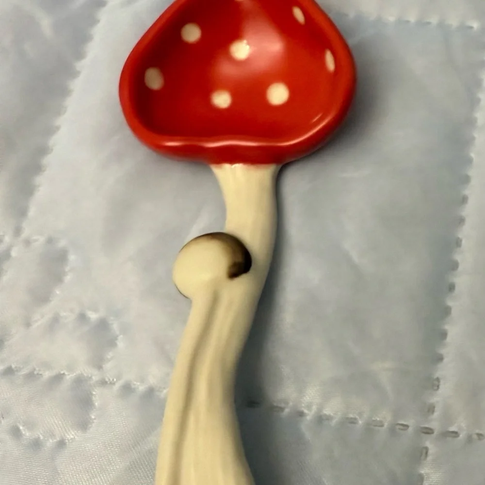 Mushroom Styling: Hand-glazed red mushroom spoon. Polka dot ceramic spoon.